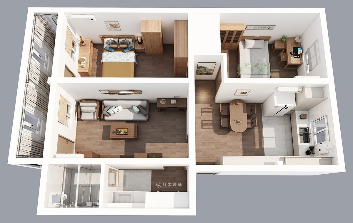 孟宪涛｜五老村24-201-100㎡-现代简约风格｜3室2厅1卫｜老房装修｜定制家｜全包14万｜00_04鸟瞰图